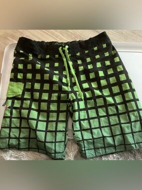 Men's Green Grid Swim Board Shorts with Drawstring